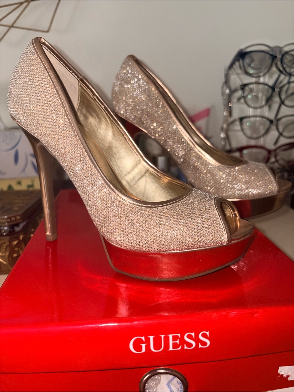 GUESS Rose Gold Glitter Peep-Toe Platform Pumps size 5 worn 2 times